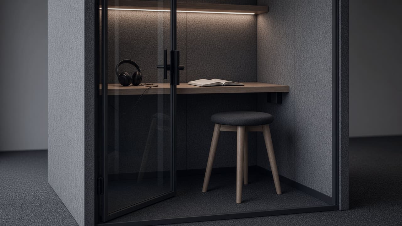 Akustikbox aus Filz in einem Großraumbüro, darin ein Headset auf einer schmalen Ablage