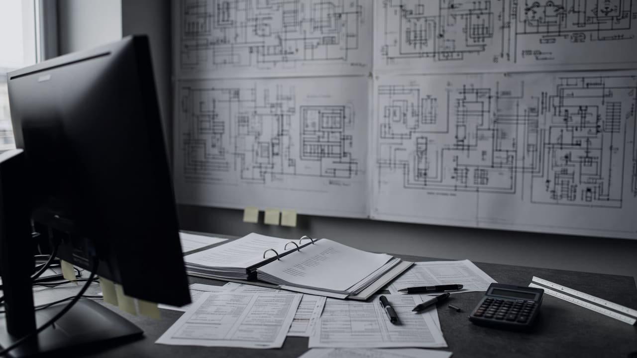 Projektbüro eines Anlagenbauers mit großformatigen Rohrleitungsplänen an der Wand, davor ein Schreibtisch mit Angebotsunterlagen