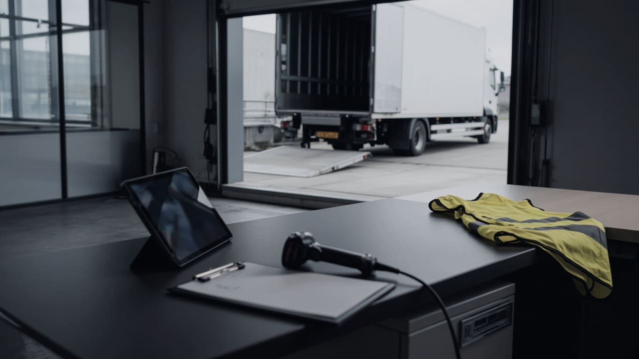 Blick durch das geöffnete Hallentor einer Spedition auf einen Lkw an der Rampe, im Vordergrund ein Stehpult mit Tablet