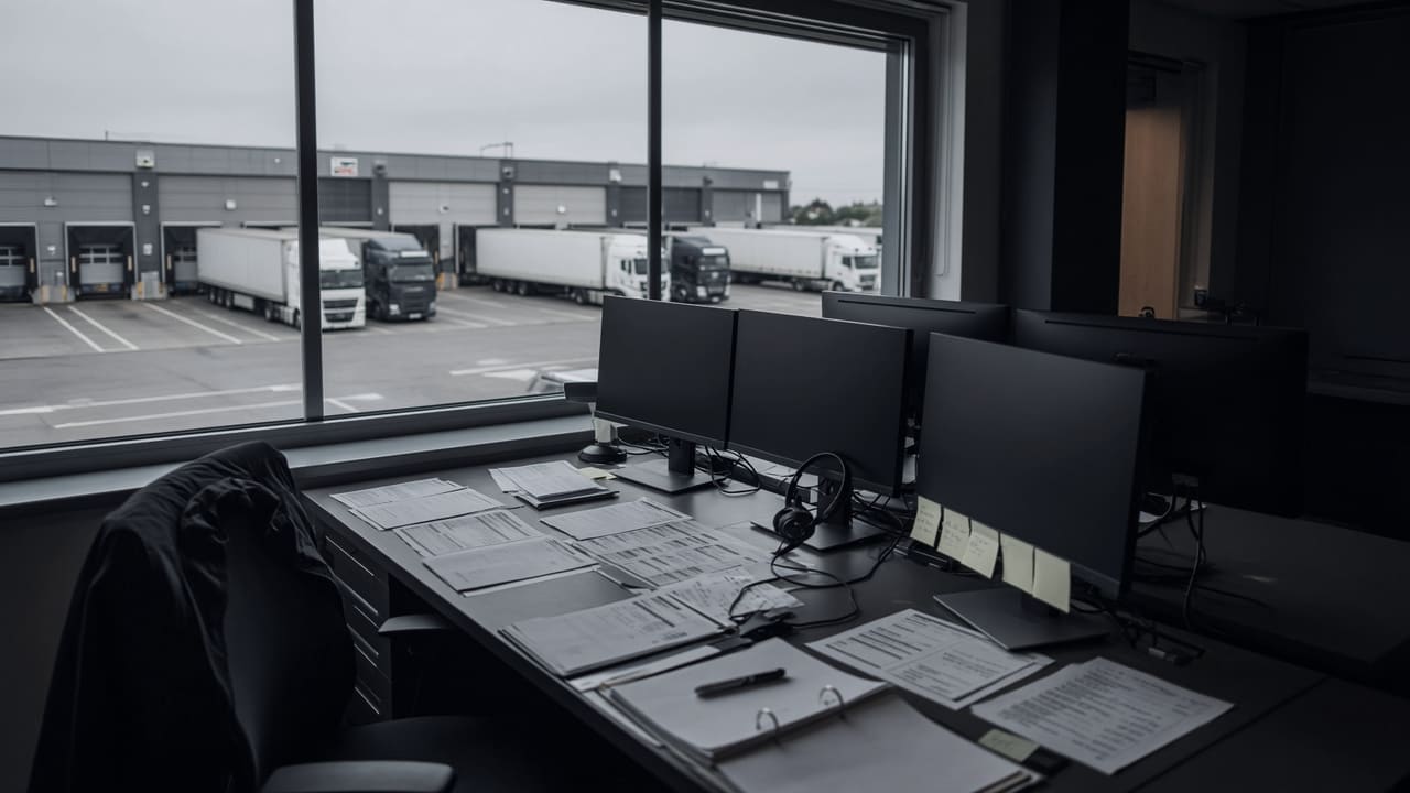 Dispositionsbüro einer Spedition mit mehreren Monitoren, dahinter der Hof mit Lkw an den Laderampen
