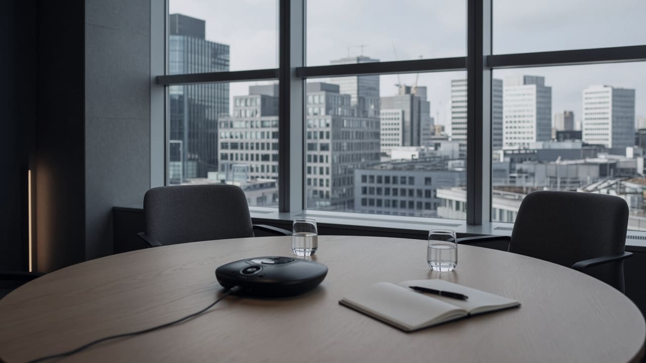 Beratungsraum einer Finanzdienstleistung mit Konferenzlautsprecher auf dem Tisch, dahinter die Fensterfront mit Blick über die Stadt