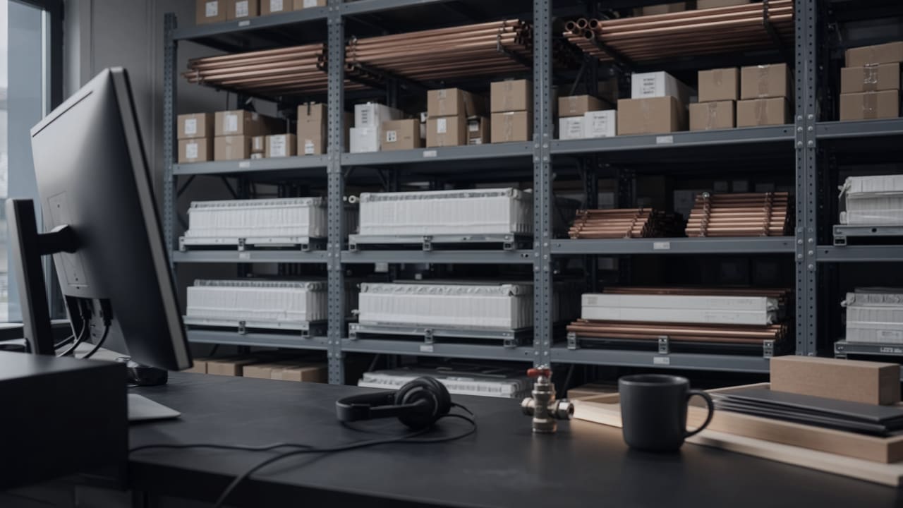 Theke eines Großhandels für Gebäudetechnik mit Monitor und Headset, dahinter Regale mit Kupferrohren und Heizkörpern