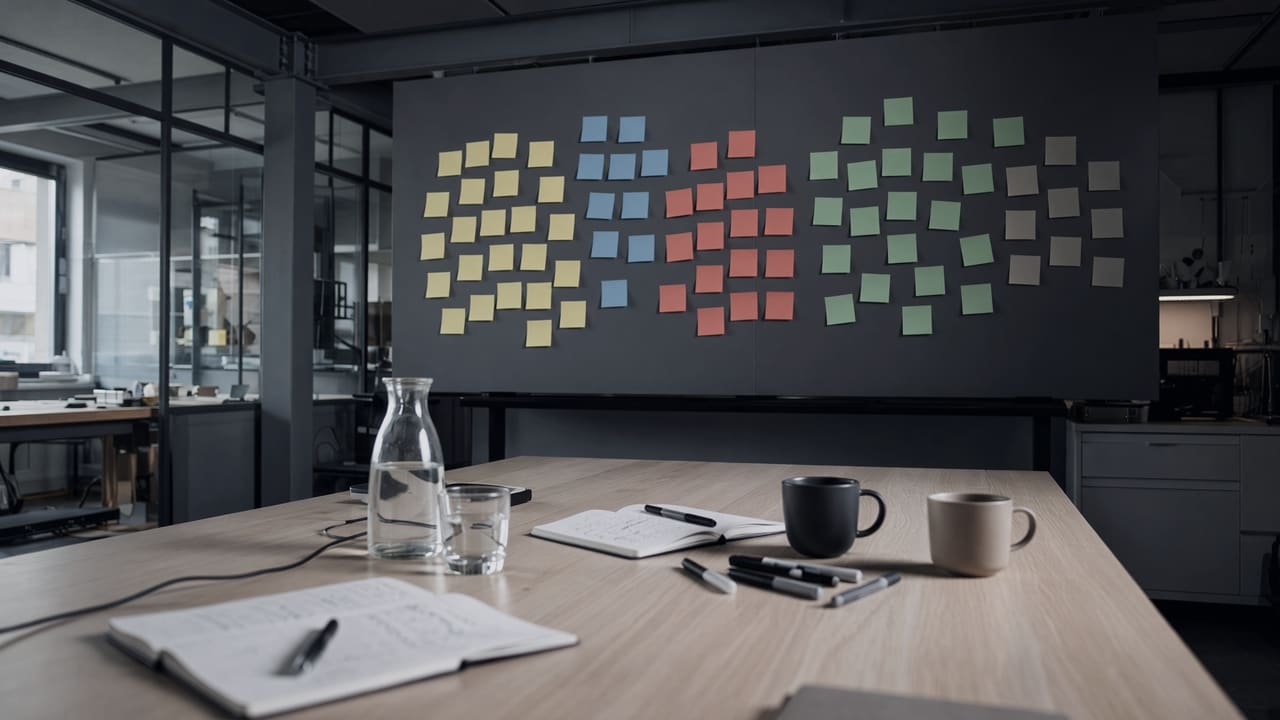 Wand mit farbig gruppierten Haftnotizen in einem Workshop-Raum, davor ein Besprechungstisch mit Notizblöcken