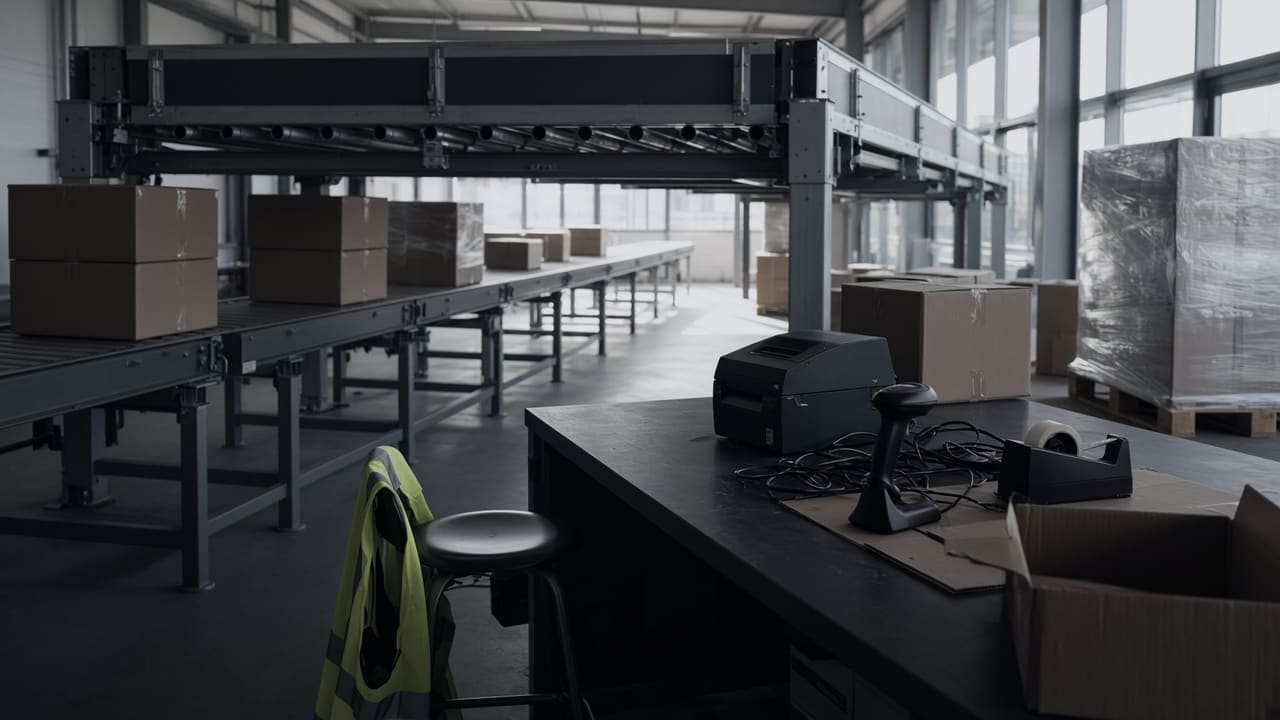Versandbereich eines Logistikdienstleisters mit Rollenbahn und Packtisch, darauf Etikettendrucker und Handscanner