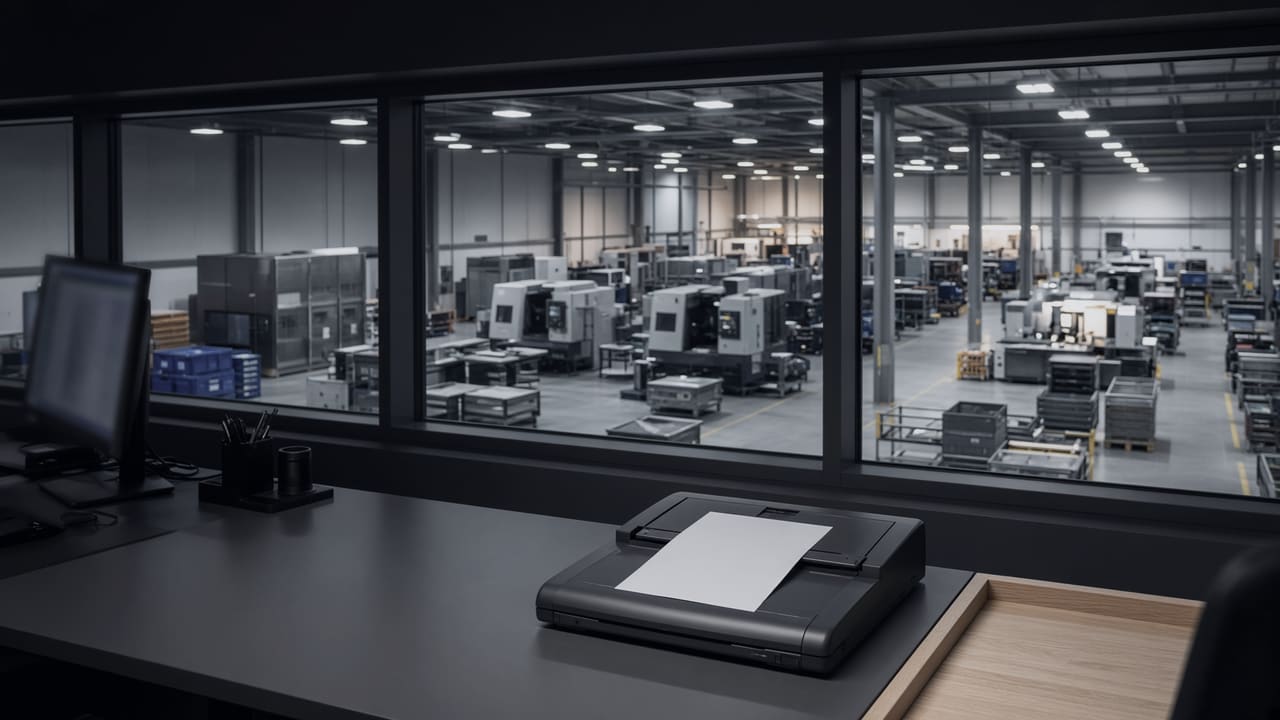 Dokumentenscanner auf einem Schreibtisch, dahinter durch die Glaswand die Fertigung eines Industriezulieferers