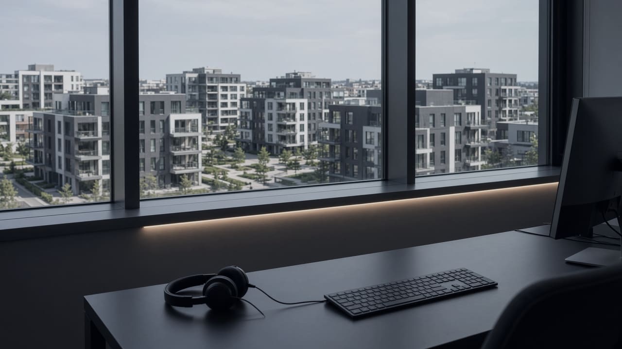 Arbeitsplatz einer Hausverwaltung mit Headset, dahinter eine Fensterfront mit Blick auf eine Wohnanlage