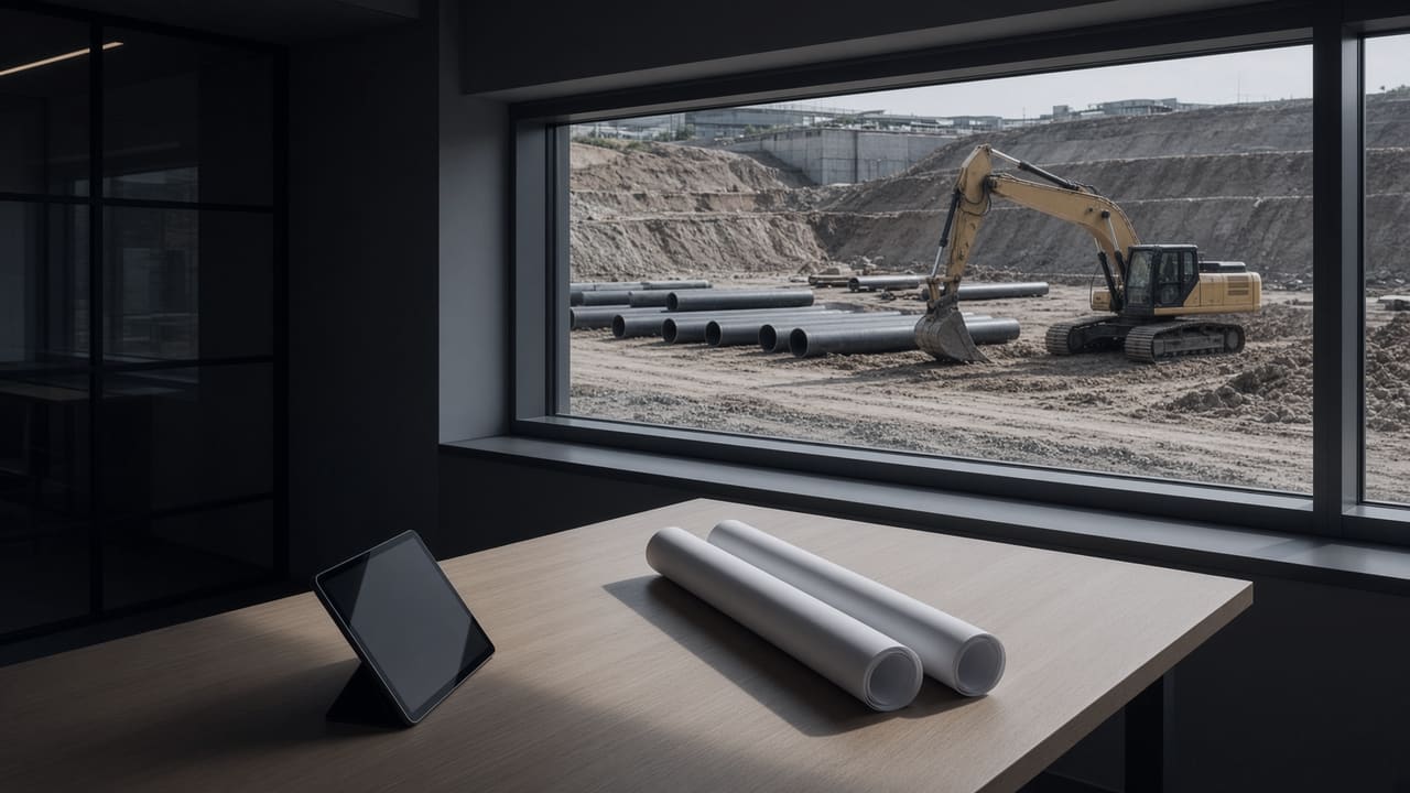 Tablet und gerollte Baupläne auf dem Tisch eines Baucontainers, draußen ein Bagger im Rohrgraben