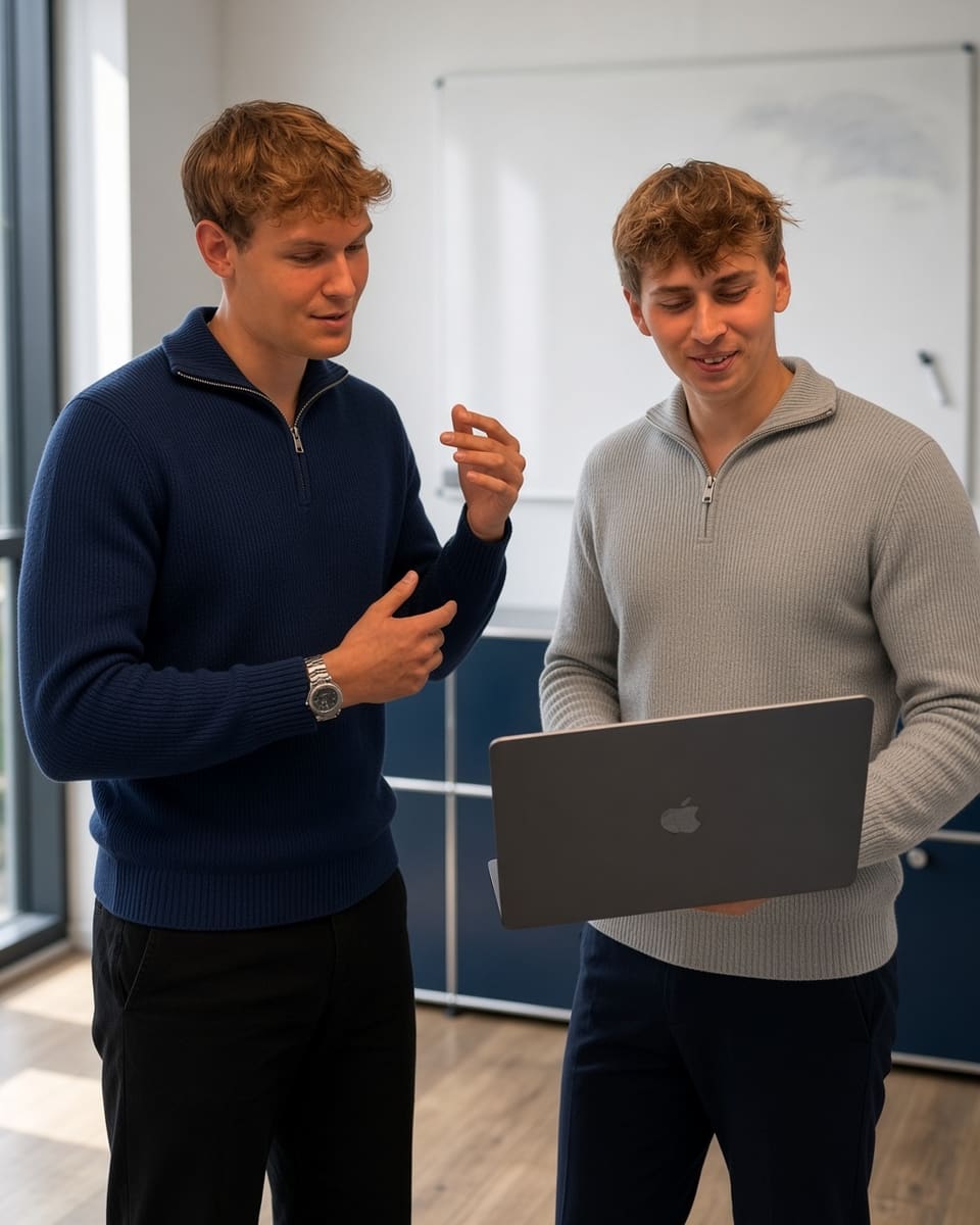 Zwei Mitarbeiter von Nordloom besprechen eine Lösung am Laptop im Besprechungsraum