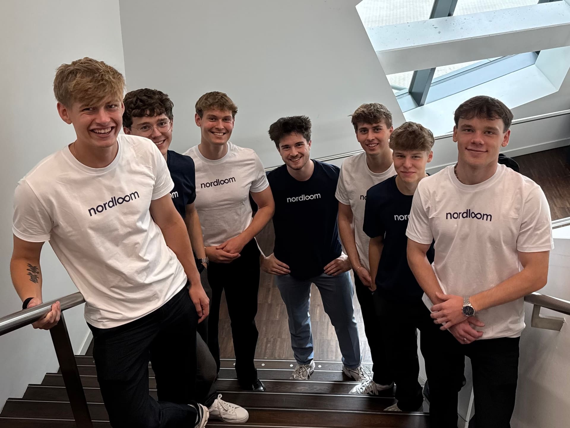Das achtköpfige Team von Nordloom im Treppenhaus des Büros