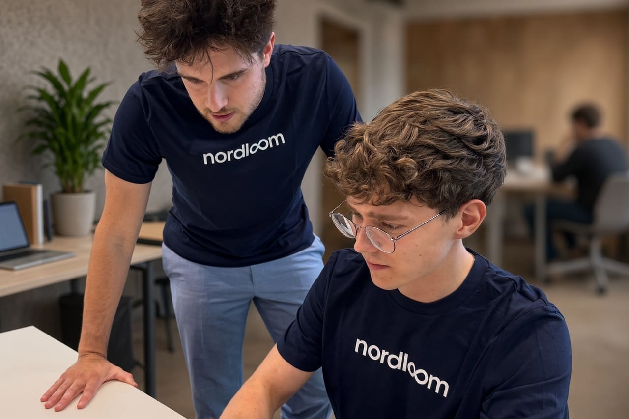 Zwei Mitarbeiter von Nordloom klären eine Frage gemeinsam am Bildschirm