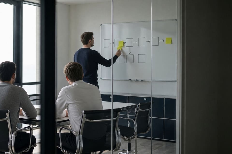 Prozessaufnahme am Whiteboard: ein Ablauf aus Kästen, Pfeilen und Klebezetteln entsteht