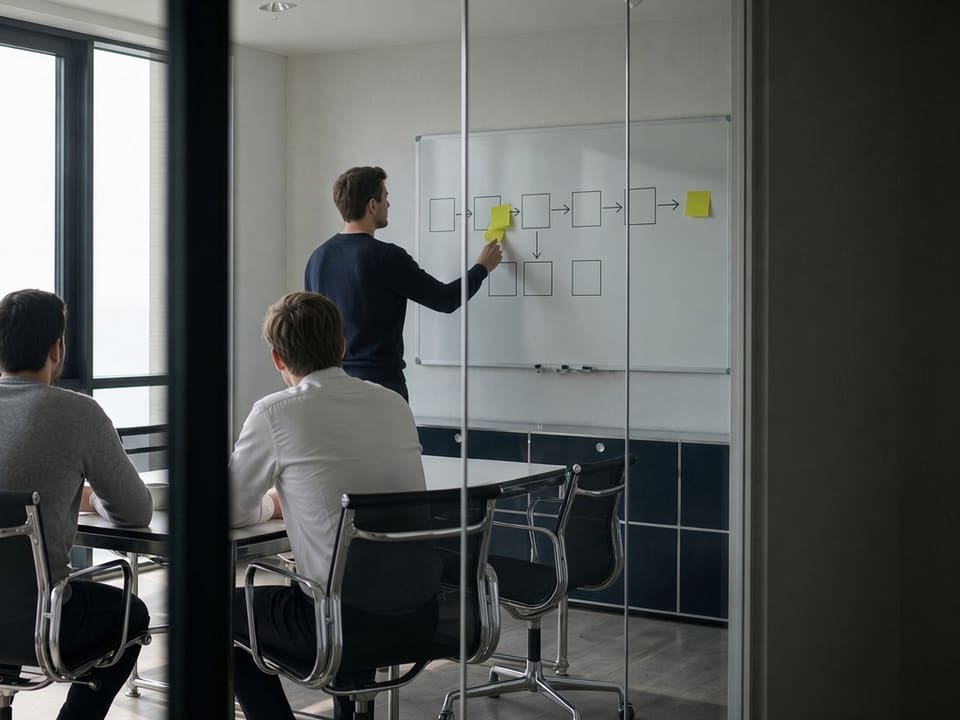 Prozessaufnahme am Whiteboard: ein Ablauf aus Kästen, Pfeilen und Klebezetteln entsteht