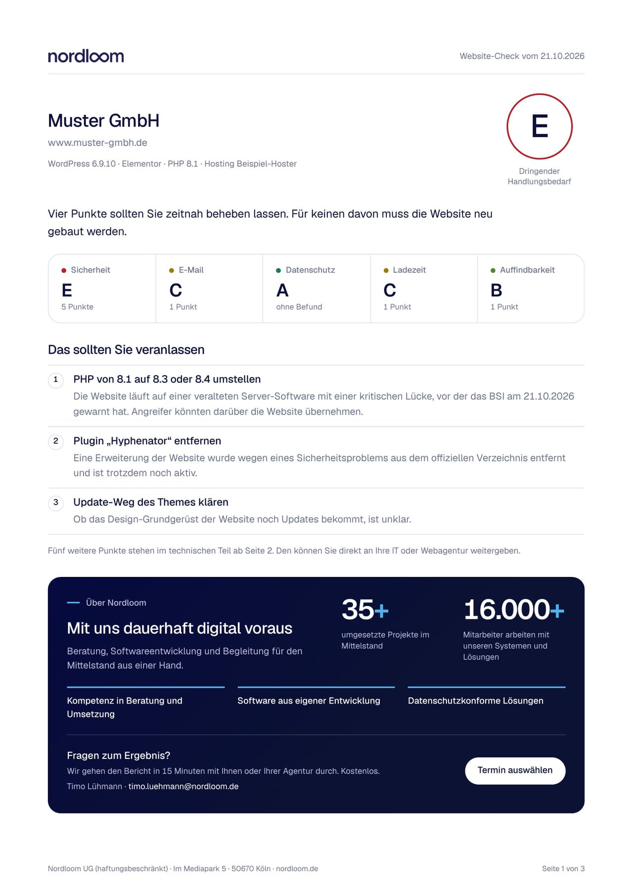 Erste Seite eines Beispielberichts mit Gesamtnote und den vier Prüfbereichen